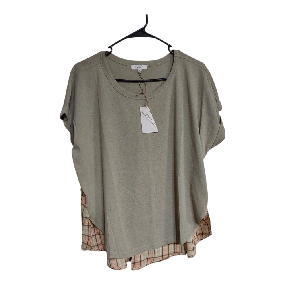 easel Olive Green Short Sleeve Top with Plaid Hem